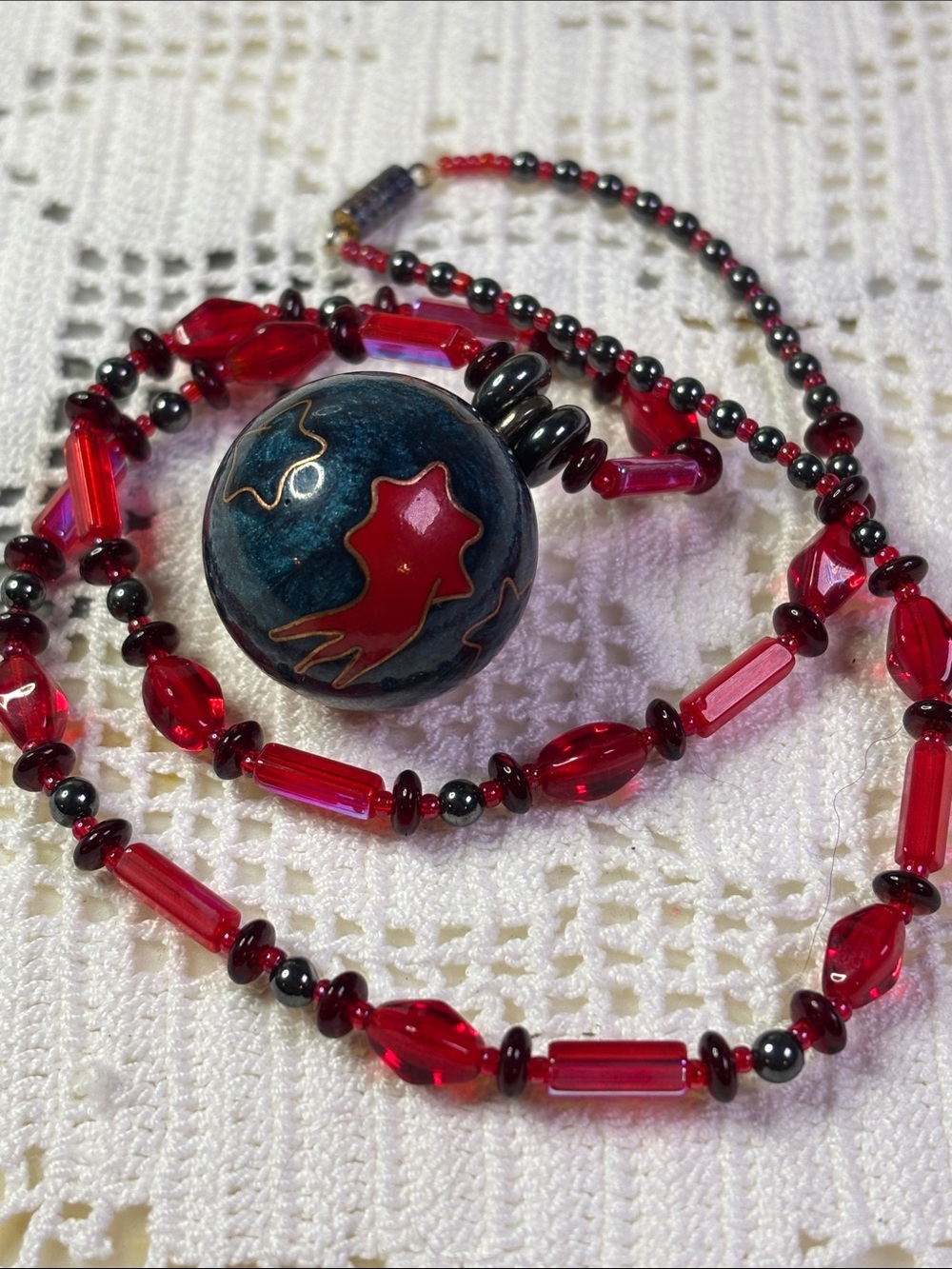 Chinese cloisonné harmony chiming ball on glass beaded necklace